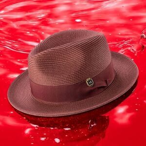 MONTIQUE MENS BURGDY WIDE BRIM PINCH FEDORA HAT W/ MATCHING GROSGRAIN RIBBON H42
